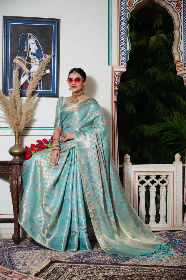 Aqua_Blue_Banarasi_Organza_Saree_With_Tassels_Blouse_For_Women