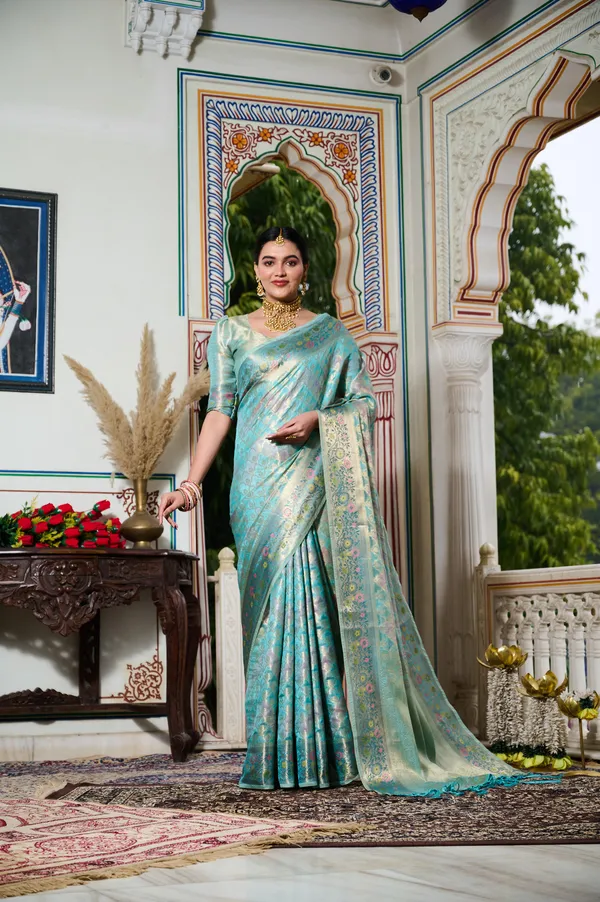 Aqua_Blue_Banarasi_Organza_Saree_With_Tassels_Blouse_For_Women