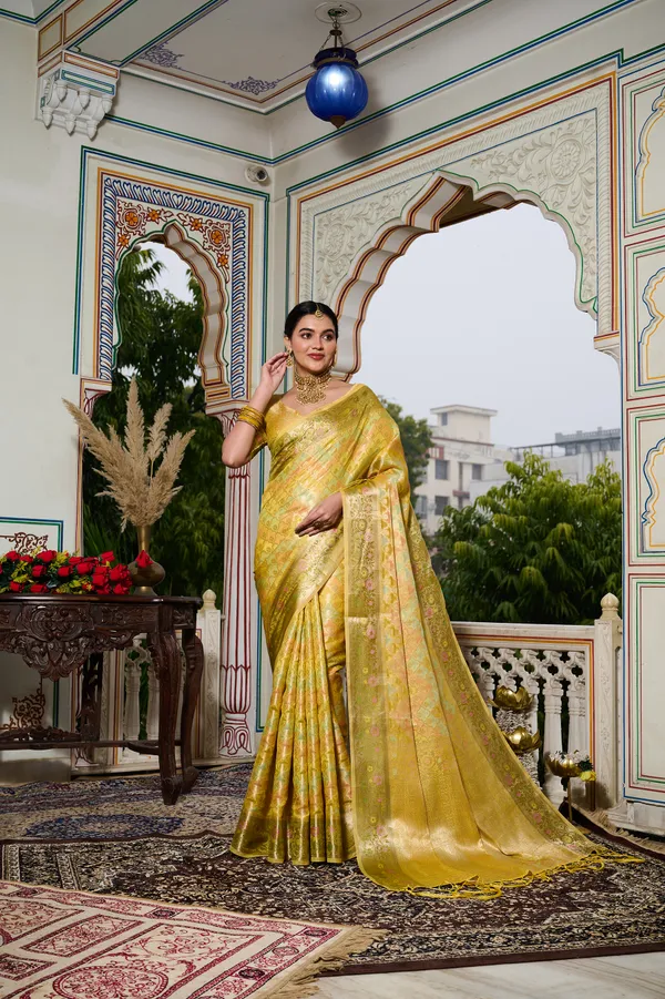 Yellow_Banarasi_Organza_Saree_With_Tassels_Blouse_For_Women