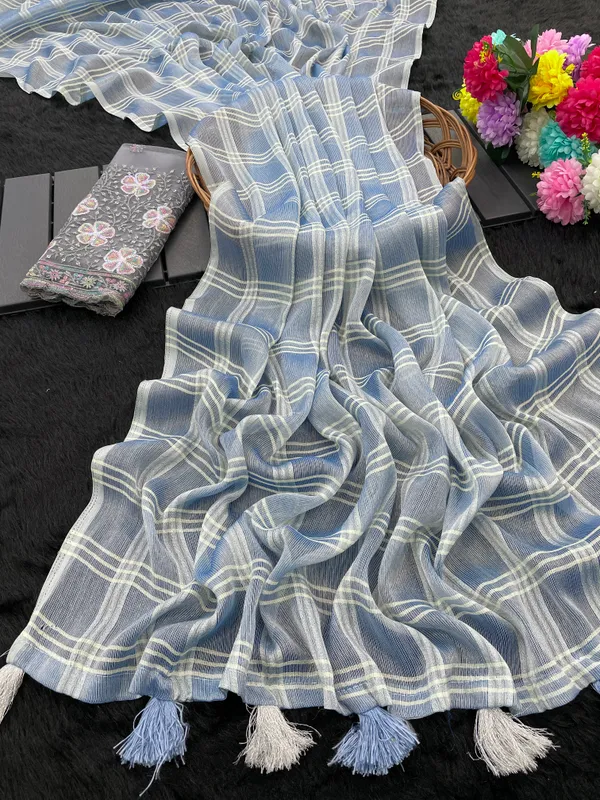 Aqua_Blue_Chiffon_Saree_With_Blouse_For_Women