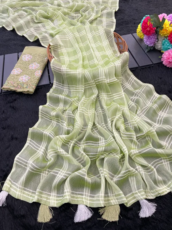 Mehendi_Chiffon_Saree_With_Blouse_For_Women