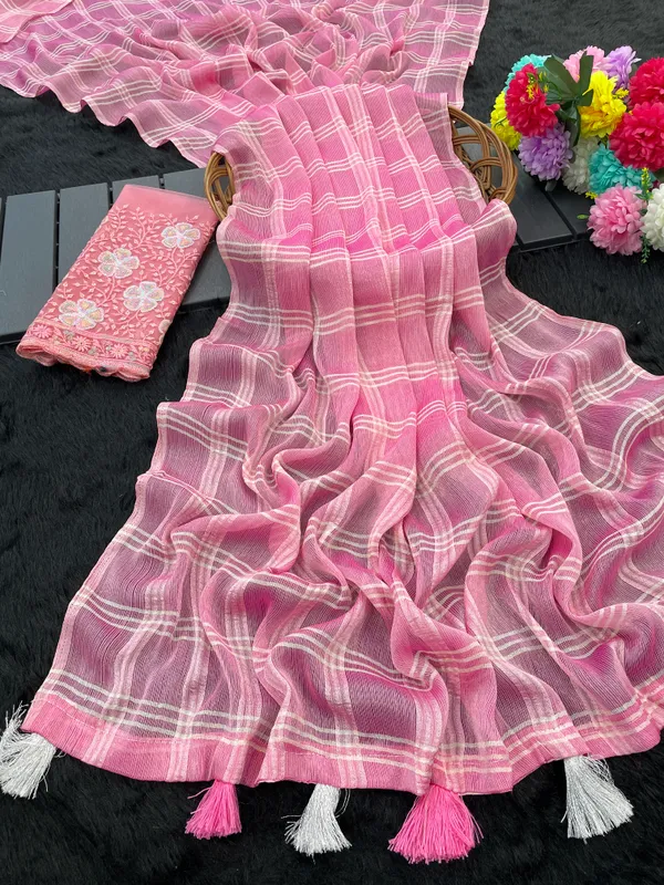 Pink_Chiffon_Saree_With_Blouse_For_Women