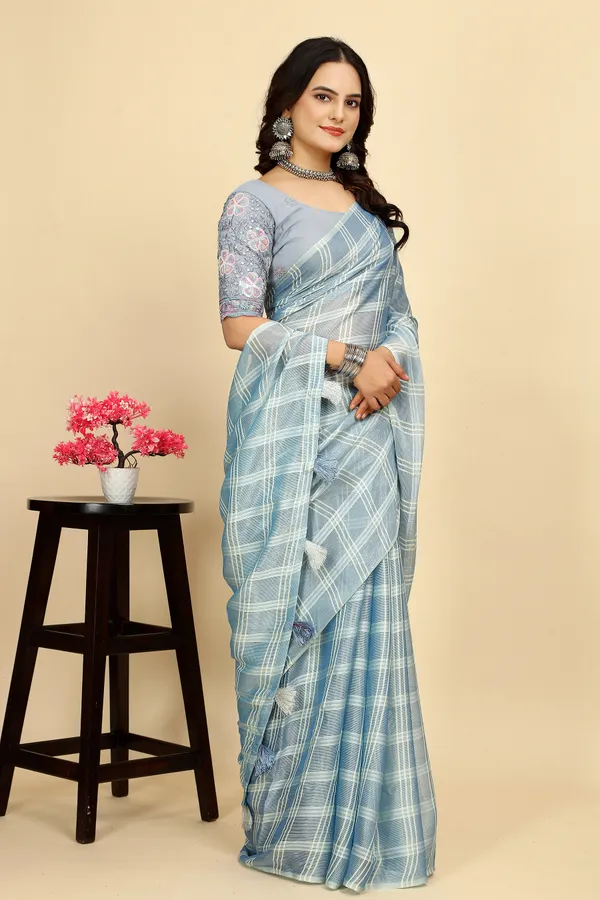 Aqua_Blue_Chiffon_Saree_With_Blouse_For_Women