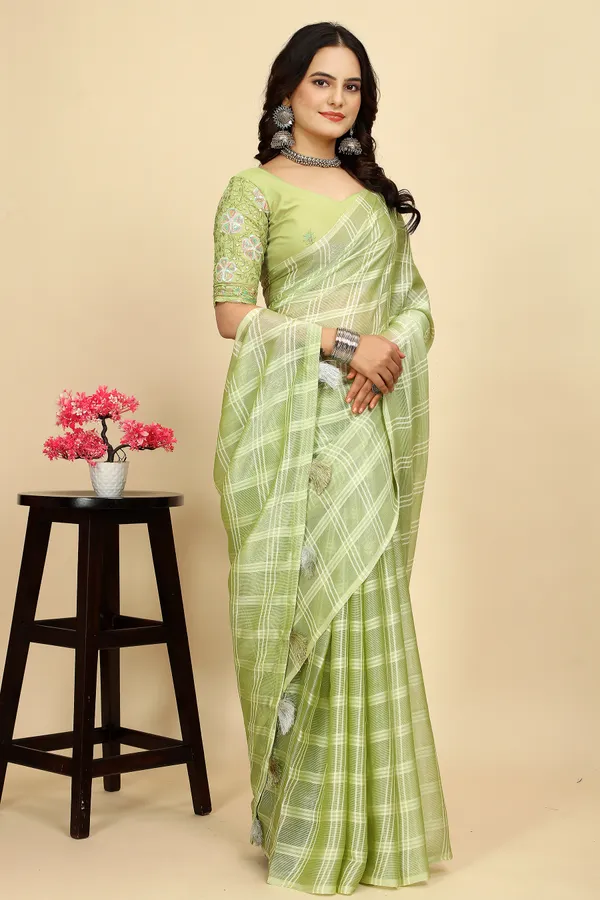 Mehendi_Chiffon_Saree_With_Blouse_For_Women