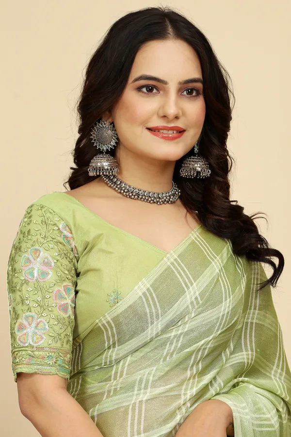 Mehendi_Chiffon_Saree_With_Blouse_For_Women