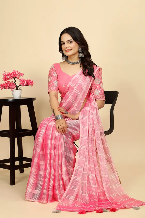 Pink_Chiffon_Saree_With_Blouse_For_Women