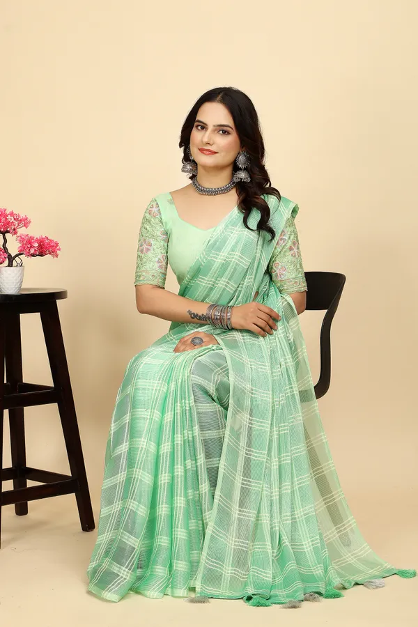 Green_Chiffon_Saree_With_Blouse_For_Women