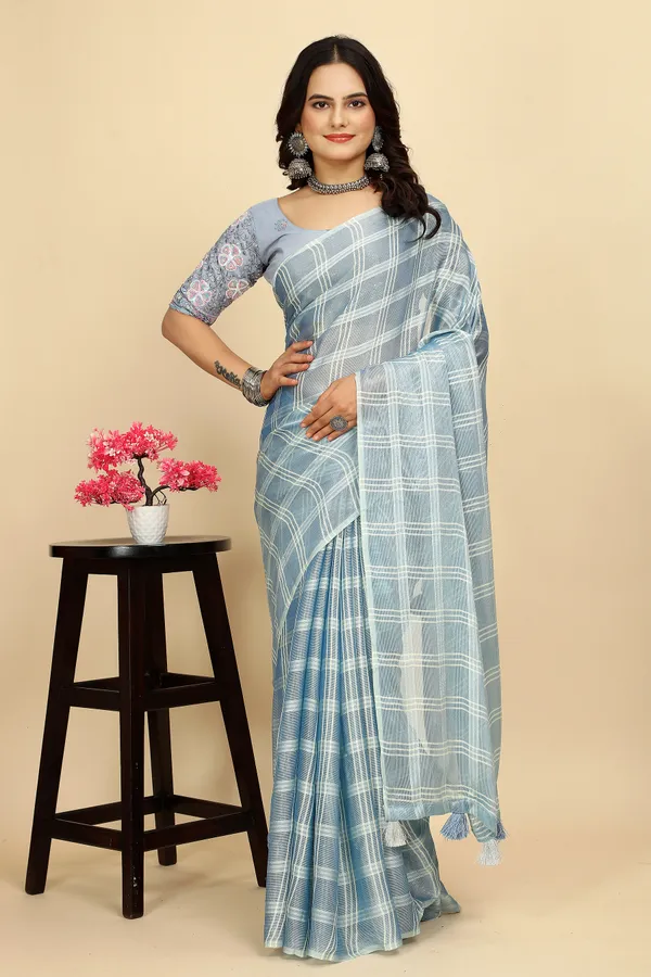 Aqua_Blue_Chiffon_Saree_With_Blouse_For_Women