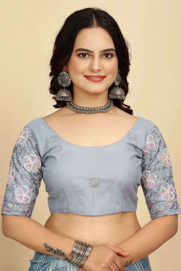 Aqua_Blue_Chiffon_Saree_With_Blouse_For_Women