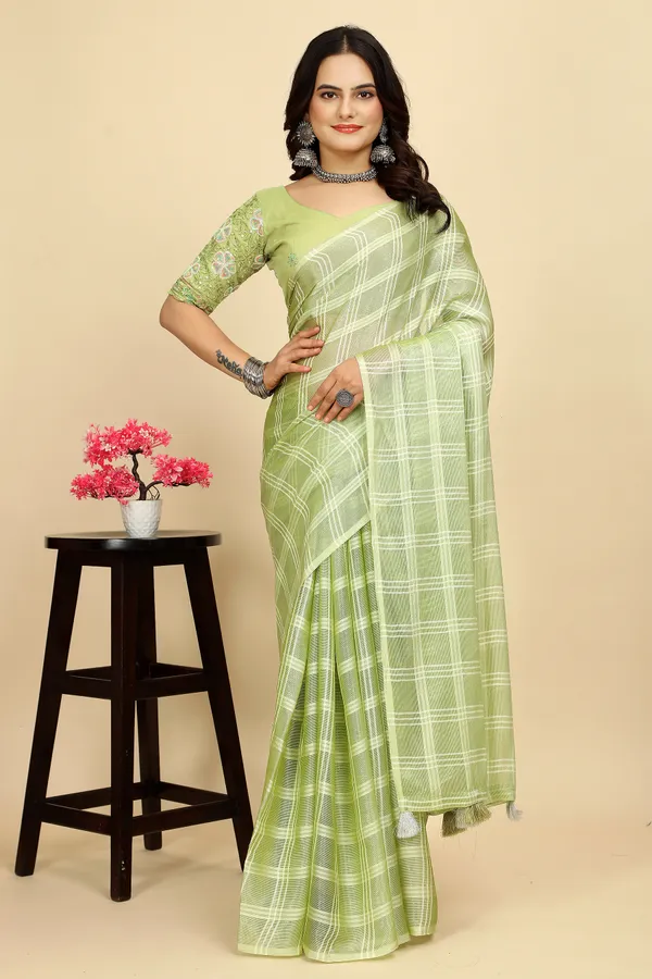Mehendi_Chiffon_Saree_With_Blouse_For_Women