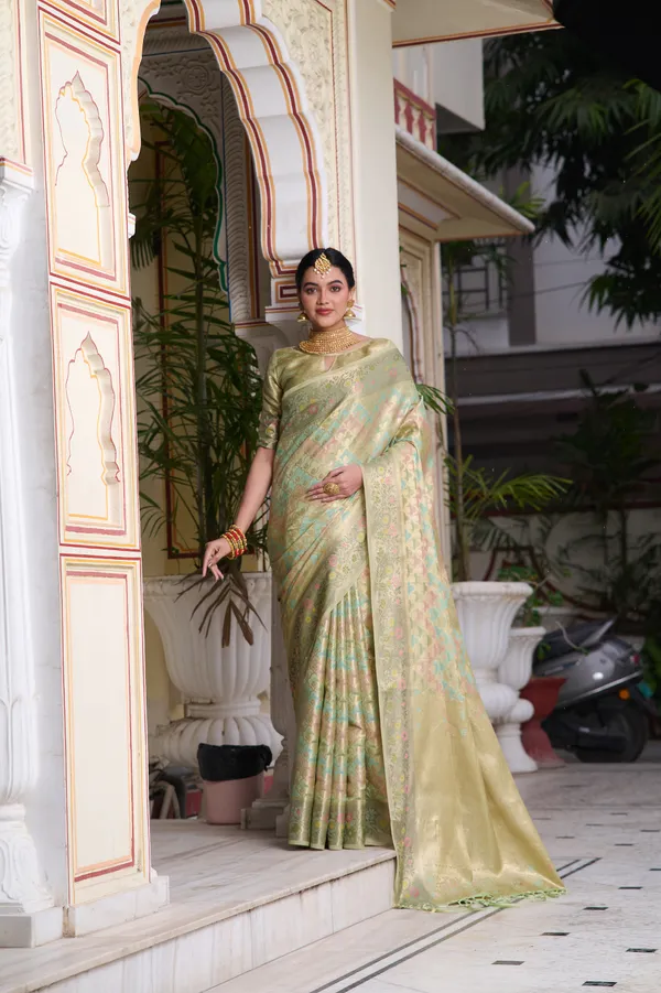 Mint_Green_Banarasi_Organza_Saree_With_Tassels_Blouse_For_Women