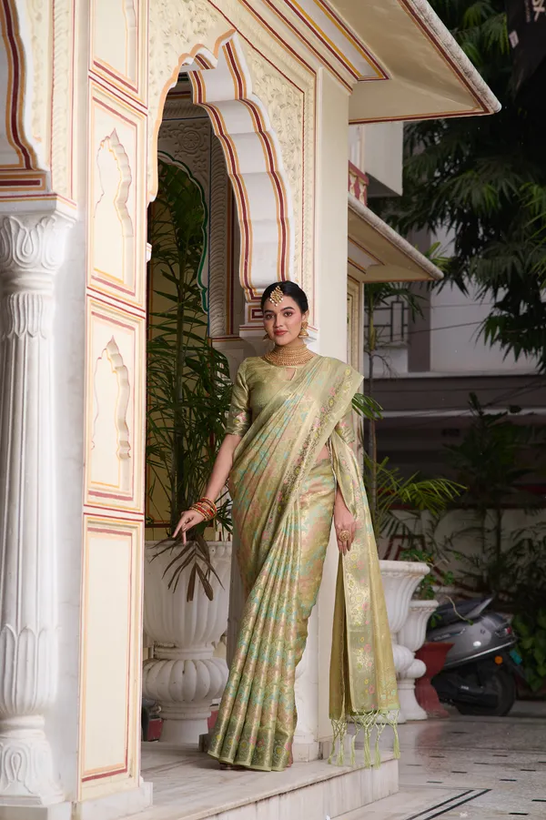Mint_Green_Banarasi_Organza_Saree_With_Tassels_Blouse_For_Women