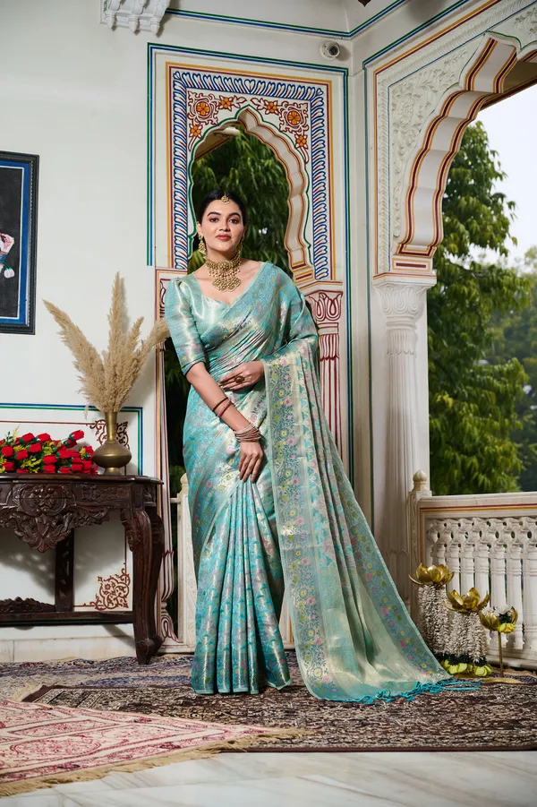 Aqua_Blue_Banarasi_Organza_Saree_With_Tassels_Blouse_For_Women
