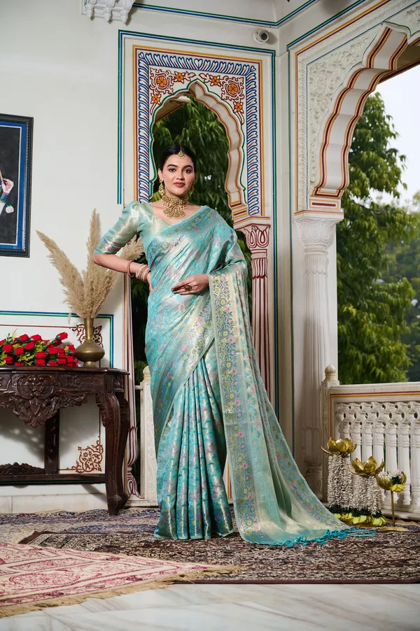 Aqua_Blue_Banarasi_Organza_Saree_With_Tassels_Blouse_For_Women