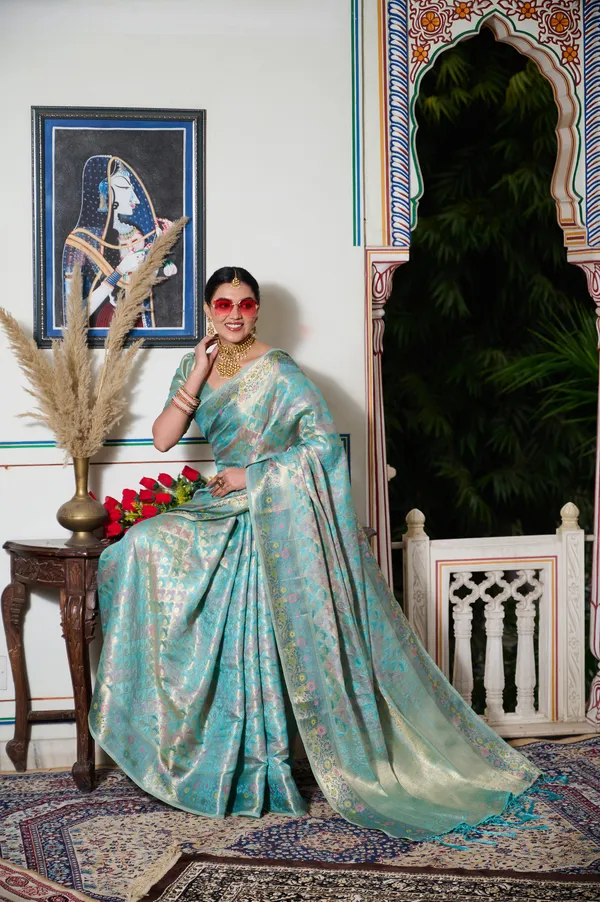 Aqua_Blue_Banarasi_Organza_Saree_With_Tassels_Blouse_For_Women