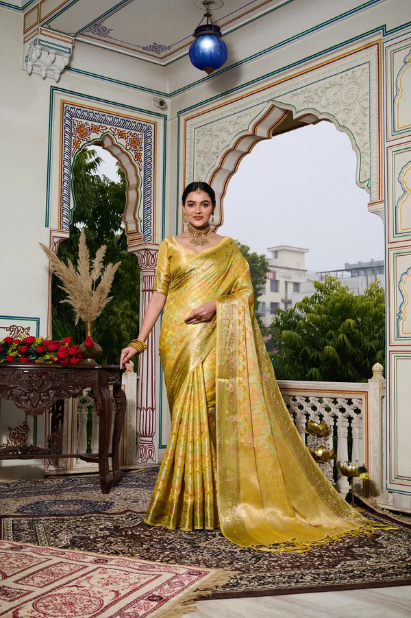 Yellow_Banarasi_Organza_Saree_With_Tassels_Blouse_For_Women
