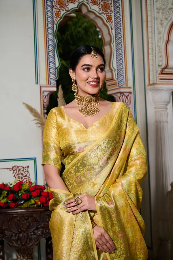 Yellow_Banarasi_Organza_Saree_With_Tassels_Blouse_For_Women