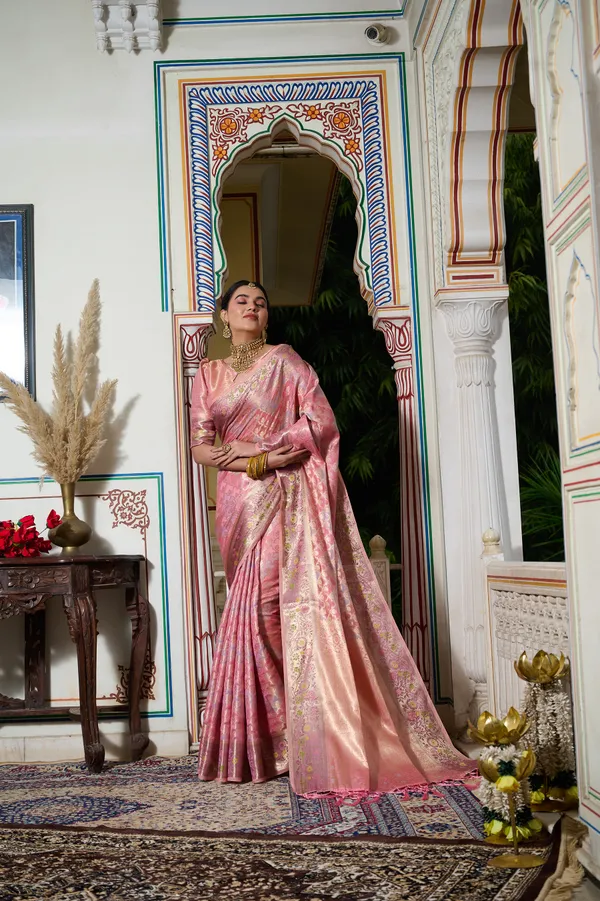 Pink_Banarasi_Organza_Saree_With_Tassels_Blouse_For_Women