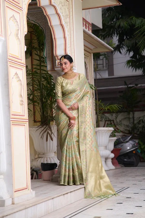 Mint_Green_Banarasi_Organza_Saree_With_Tassels_Blouse_For_Women