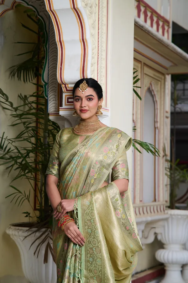 Mint_Green_Banarasi_Organza_Saree_With_Tassels_Blouse_For_Women