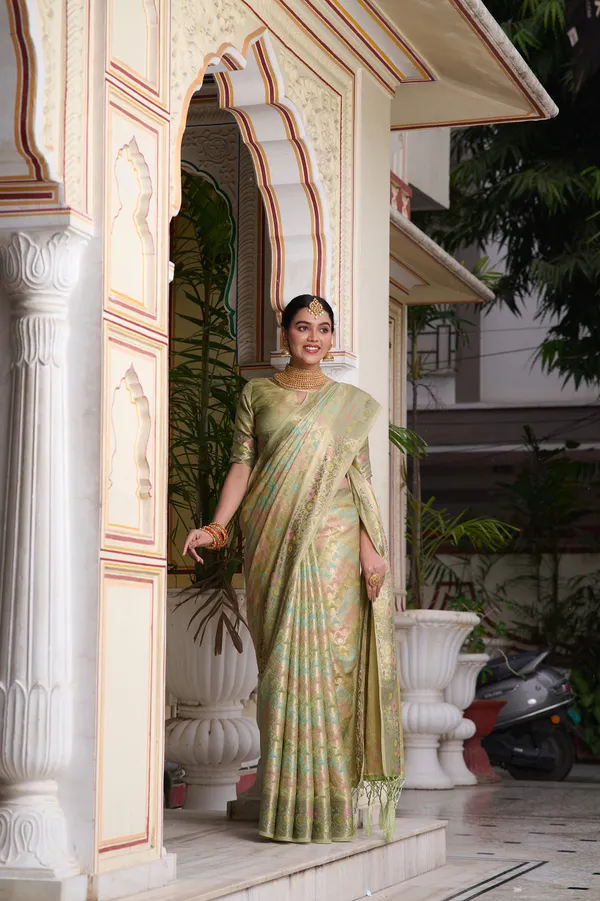 Mint_Green_Banarasi_Organza_Saree_With_Tassels_Blouse_For_Women