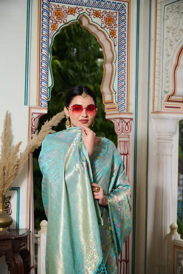 Aqua_Blue_Banarasi_Organza_Saree_With_Tassels_Blouse_For_Women