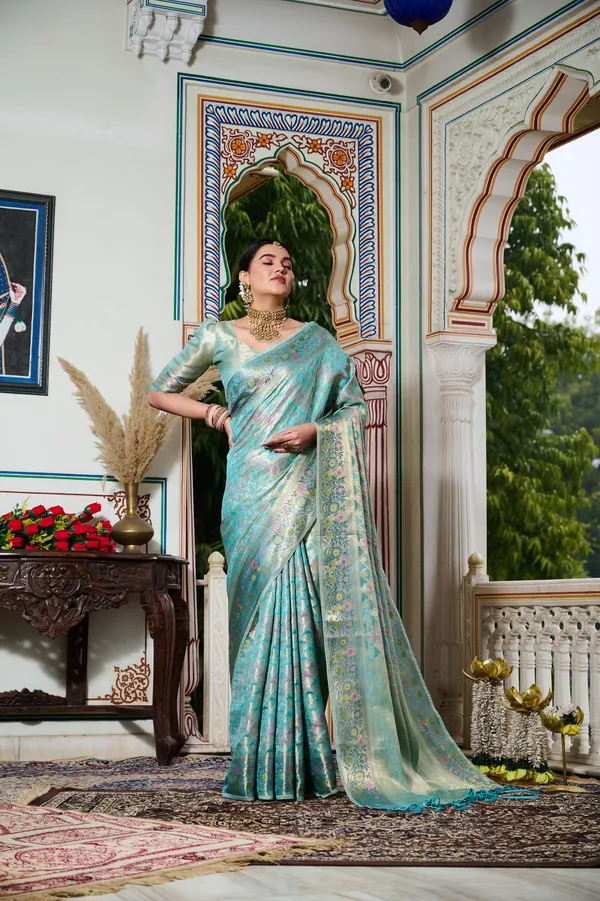 Aqua_Blue_Banarasi_Organza_Saree_With_Tassels_Blouse_For_Women