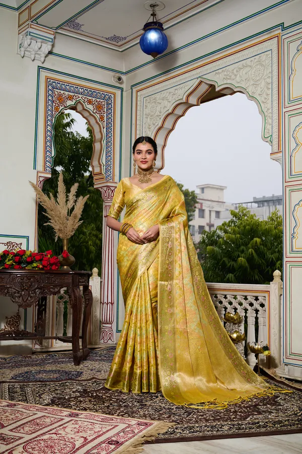 Yellow_Banarasi_Organza_Saree_With_Tassels_Blouse_For_Women