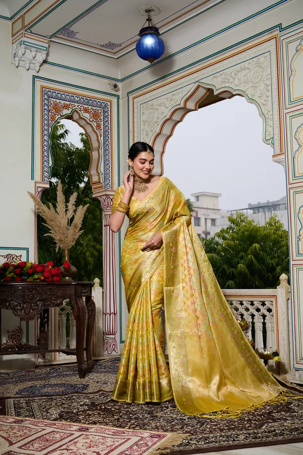 Yellow_Banarasi_Organza_Saree_With_Tassels_Blouse_For_Women