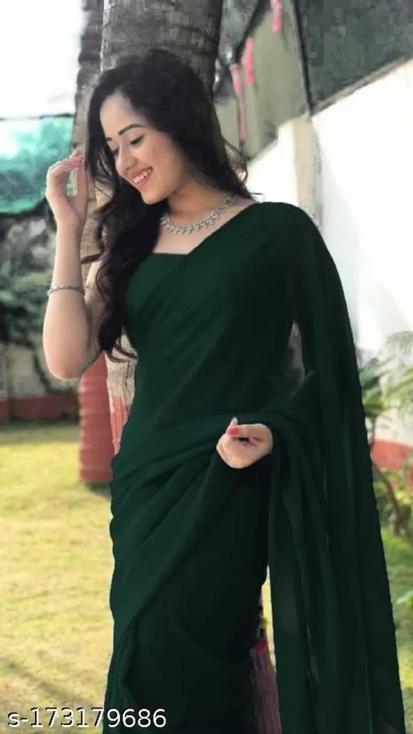 Dark_Green_Georgette_Solid/Plain_Daily_Wear_Saree_For_Women