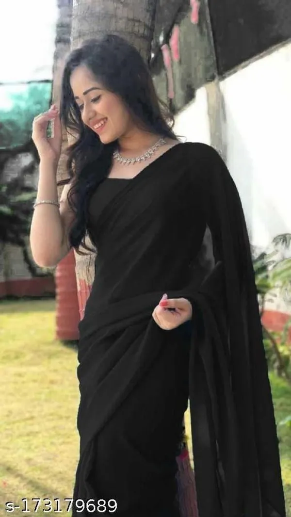 Black_Georgette_Solid/Plain_Daily_Wear_Saree_For_Women