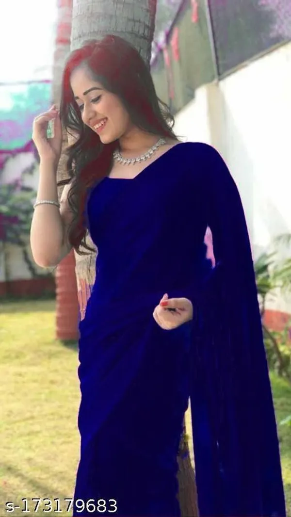Dark_Blue_Georgette_Solid/Plain_Daily_Wear_Saree_For_Women