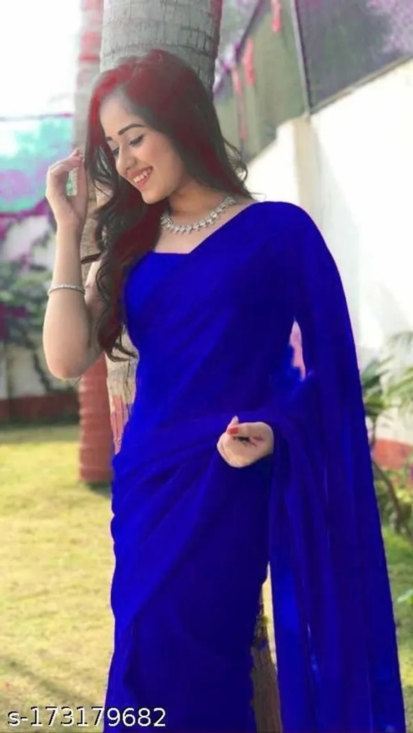 Blue_Georgette_Solid/Plain_Daily_Wear_Saree_For_Women