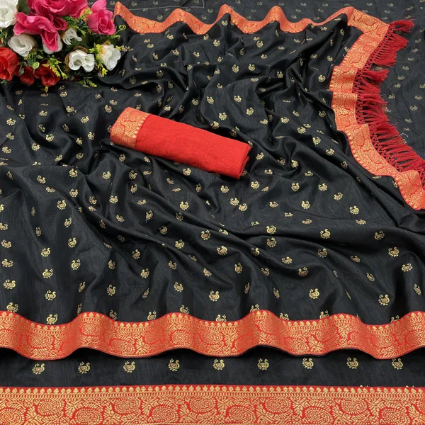 Black_Silk_Blend_Animal_Print_Ikkat_Saree_For_Women