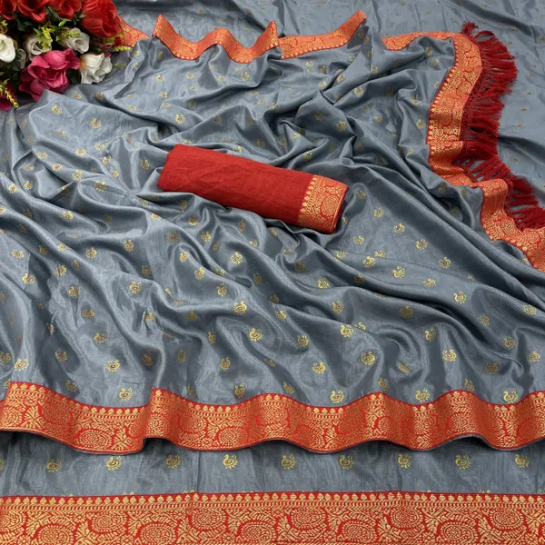 Grey_Silk_Blend_Animal_Print_Ikkat_Saree_For_Women
