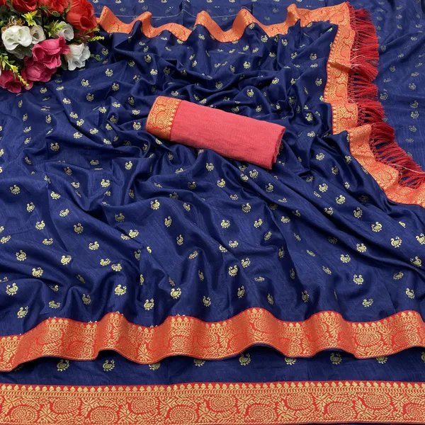 Dark_Blue_Silk_Blend_Animal_Print_Ikkat_Saree_For_Women