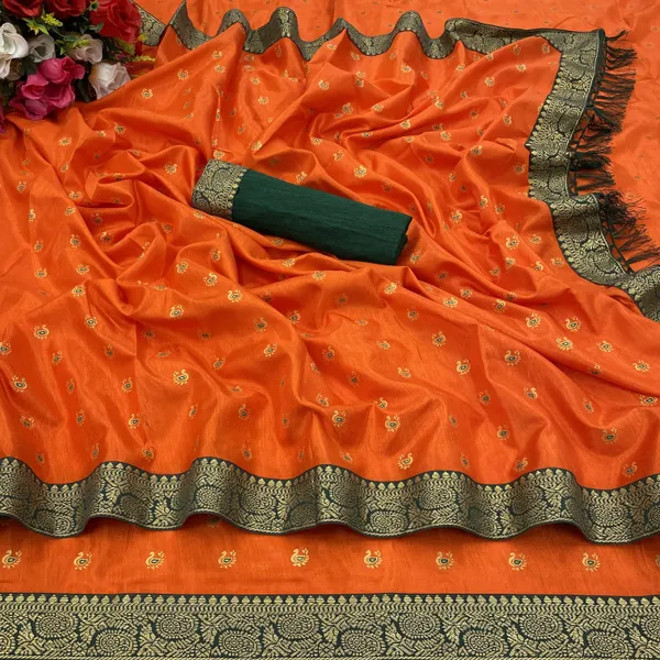 Orange_Silk_Blend_Animal_Print_Ikkat_Saree_For_Women