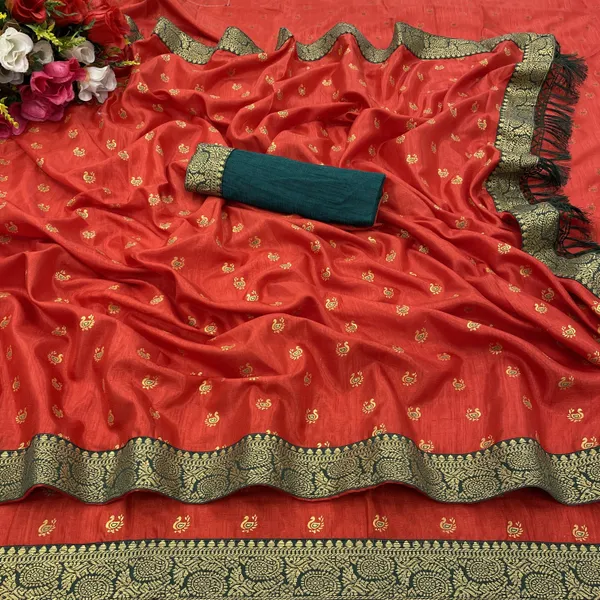 Red_Silk_Blend_Animal_Print_Ikkat_Saree_For_Women