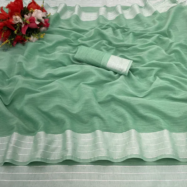 Green_Cotton_Blend_Striped_Bollywood_Saree_For_Women