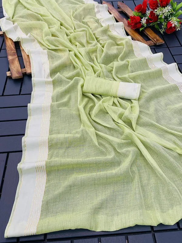 Light_Green_Cotton_Blend_Striped_Bollywood_Saree_For_Women