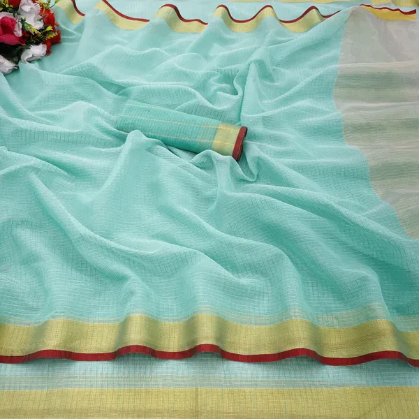 Light_Blue_&_Gold_Cotton_Blend_Dyed_Daily_Wear_Saree_For_Women