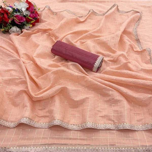 Cream_Chanderi_Checkered_Chanderi_Saree_For_Women