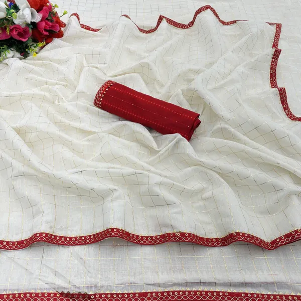 White_Chanderi_Checkered_Chanderi_Saree_For_Women
