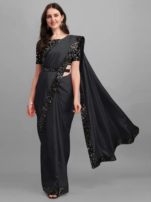 Black_Lycra_Blend_Solid/Plain::Embellished_Bollywood_Saree_For_Women