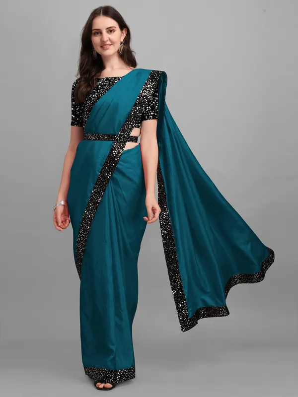 Blue_Lycra_Blend_Solid/Plain::Embellished_Bollywood_Saree_For_Women