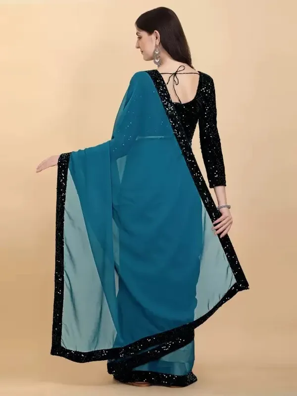 Blue_Lycra_Blend_Solid/Plain::Embellished_Bollywood_Saree_For_Women