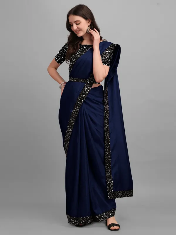 Dark_Blue_Lycra_Blend_Solid/Plain::Embellished_Bollywood_Saree_For_Women