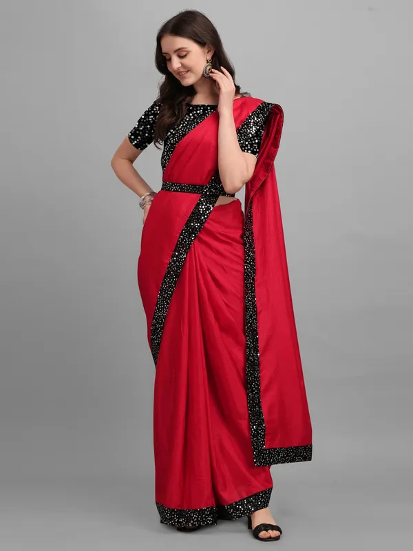 Red_Lycra_Blend_Solid/Plain::Embellished_Bollywood_Saree_For_Women