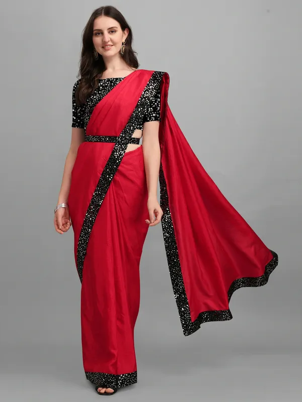 Red_Lycra_Blend_Solid/Plain::Embellished_Bollywood_Saree_For_Women