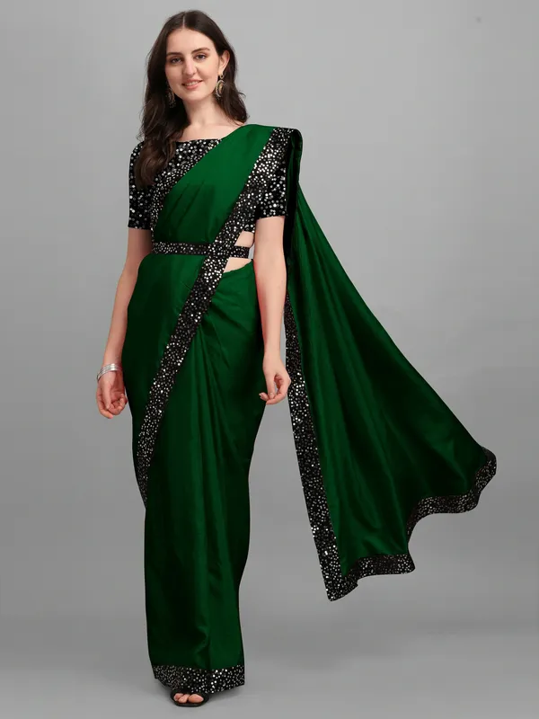 Dark_Green_Lycra_Blend_Solid/Plain::Embellished_Bollywood_Saree_For_Women